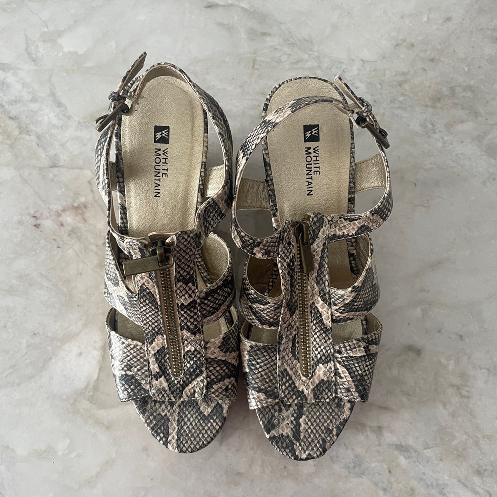 Gray Snake Print Strappy Wedge Sandals with Cage Design